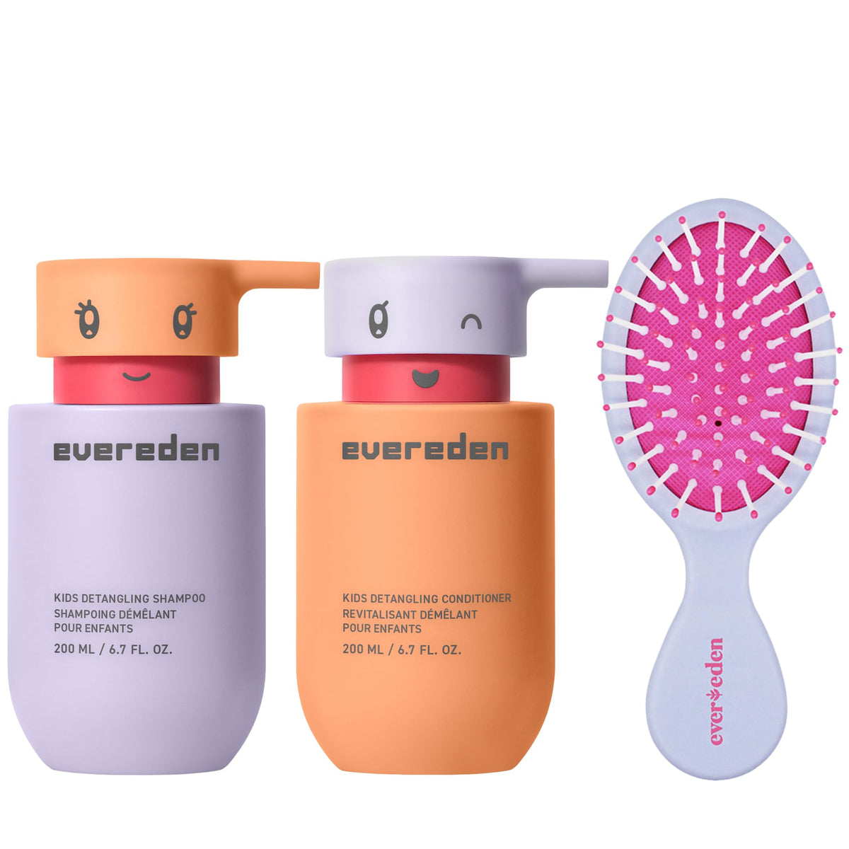 Evereden front packaging displaying kid shampoo, conditioner, and brush benefits