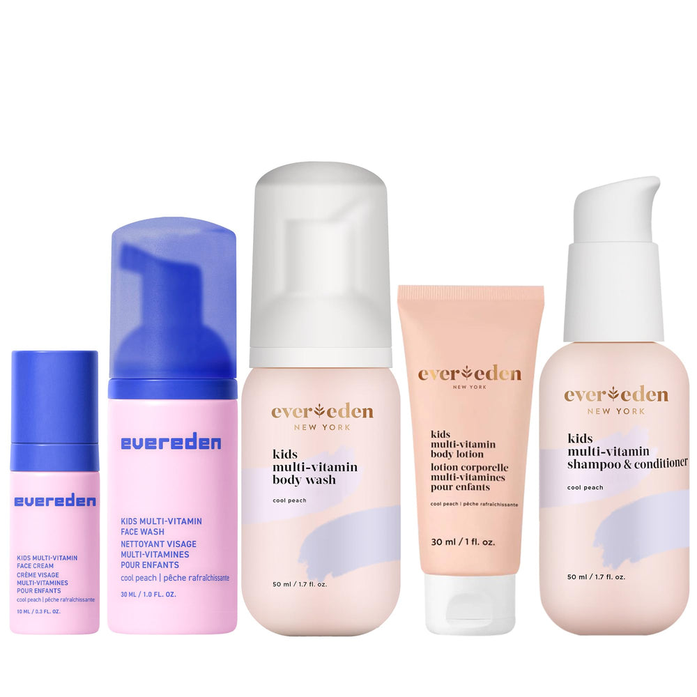 Evereden front packaging of kids travel set shows compact, TSA-ready convenience