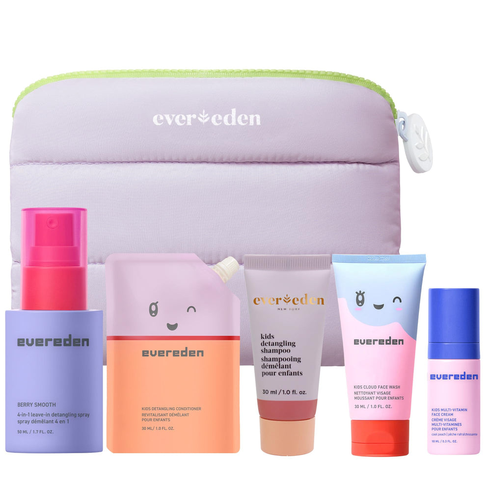 Evereden front packaging showing five-piece travel set and bag for easy travel