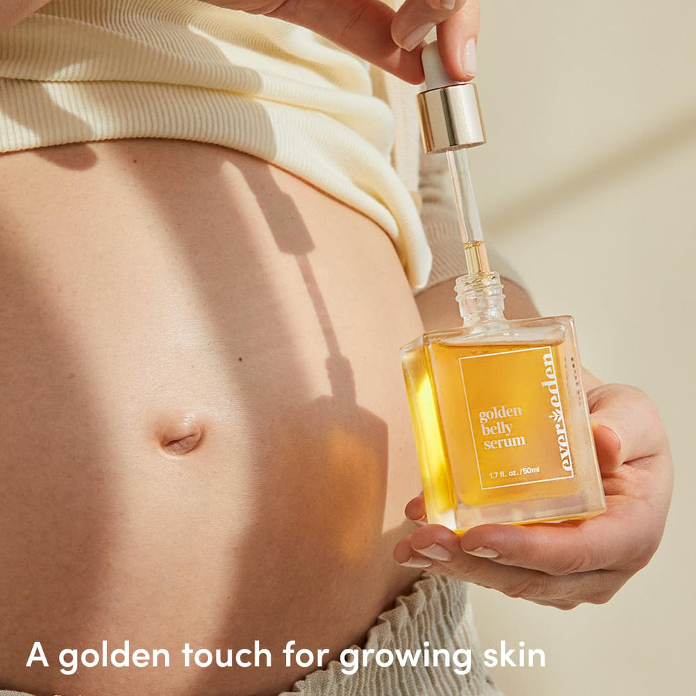 Evereden serum applied to a pregnant belly illustrating gentle hydration