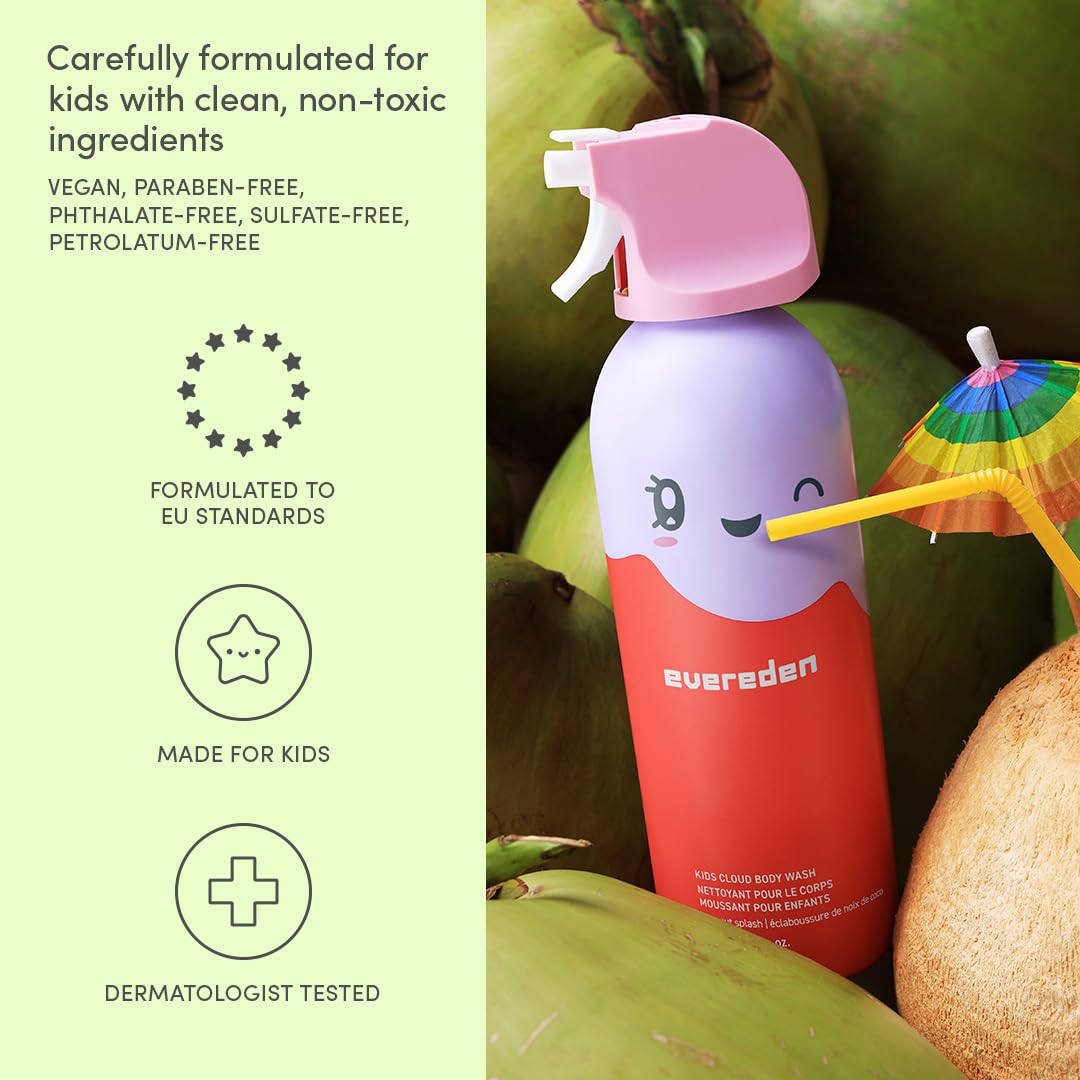 evereden citrus bottle label close-up with bright artwork showing mild scent profile benefit: playful baths