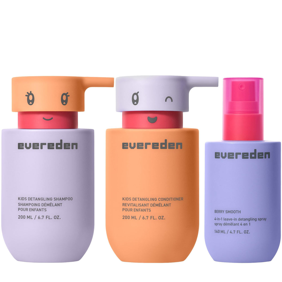 Evereden front packaging showing the kids hair trio and clean formulation benefits