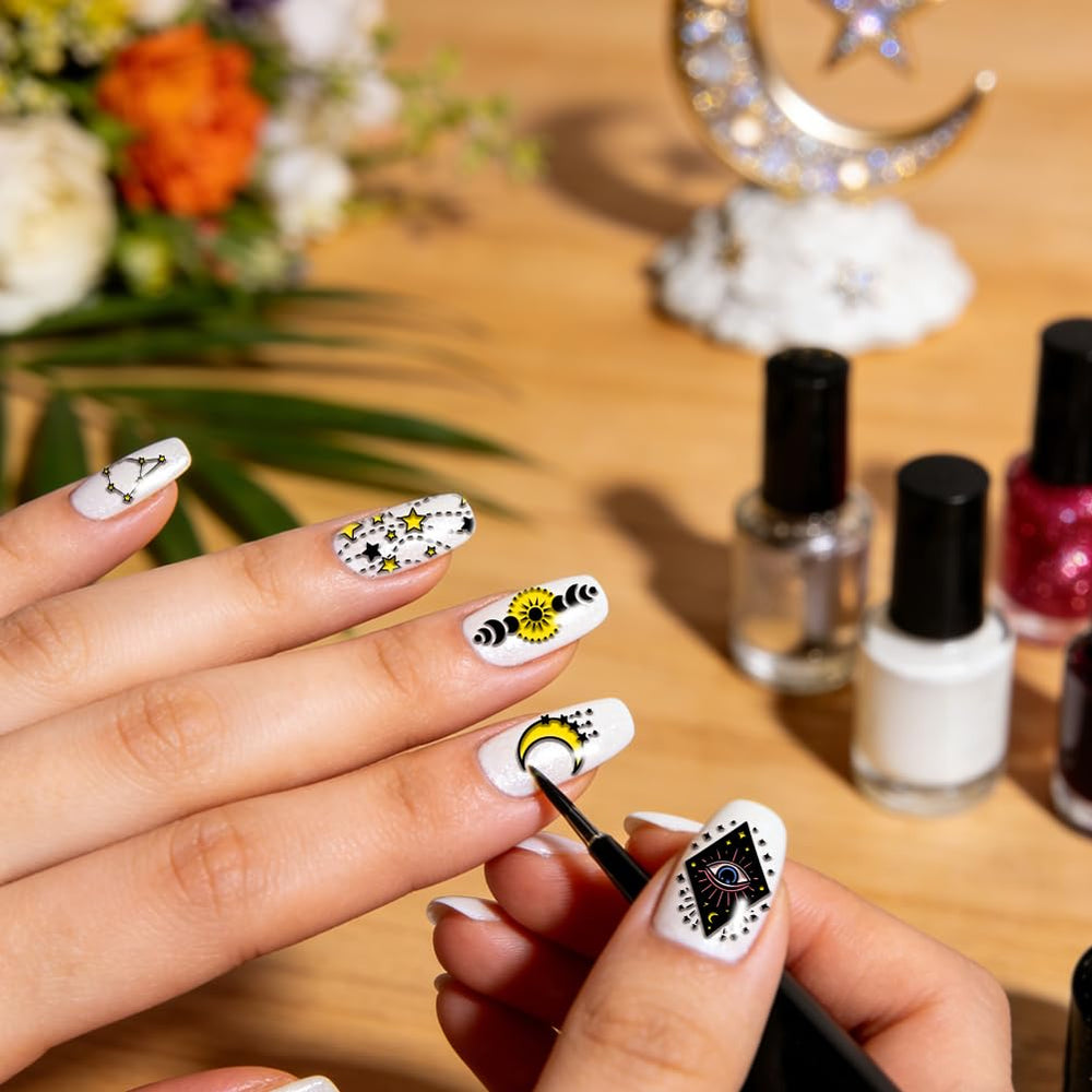 EVERJOYCRAFT hands using stamper to apply celestial design for quick DIY manicures