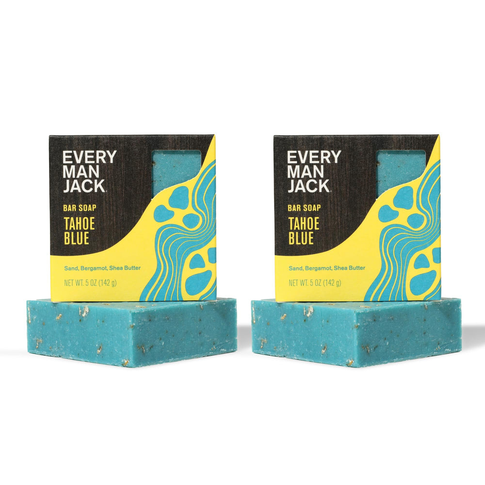 Every Man Jack front packaging showing Tahoe Blue scent and two bars, clear branding benefit
