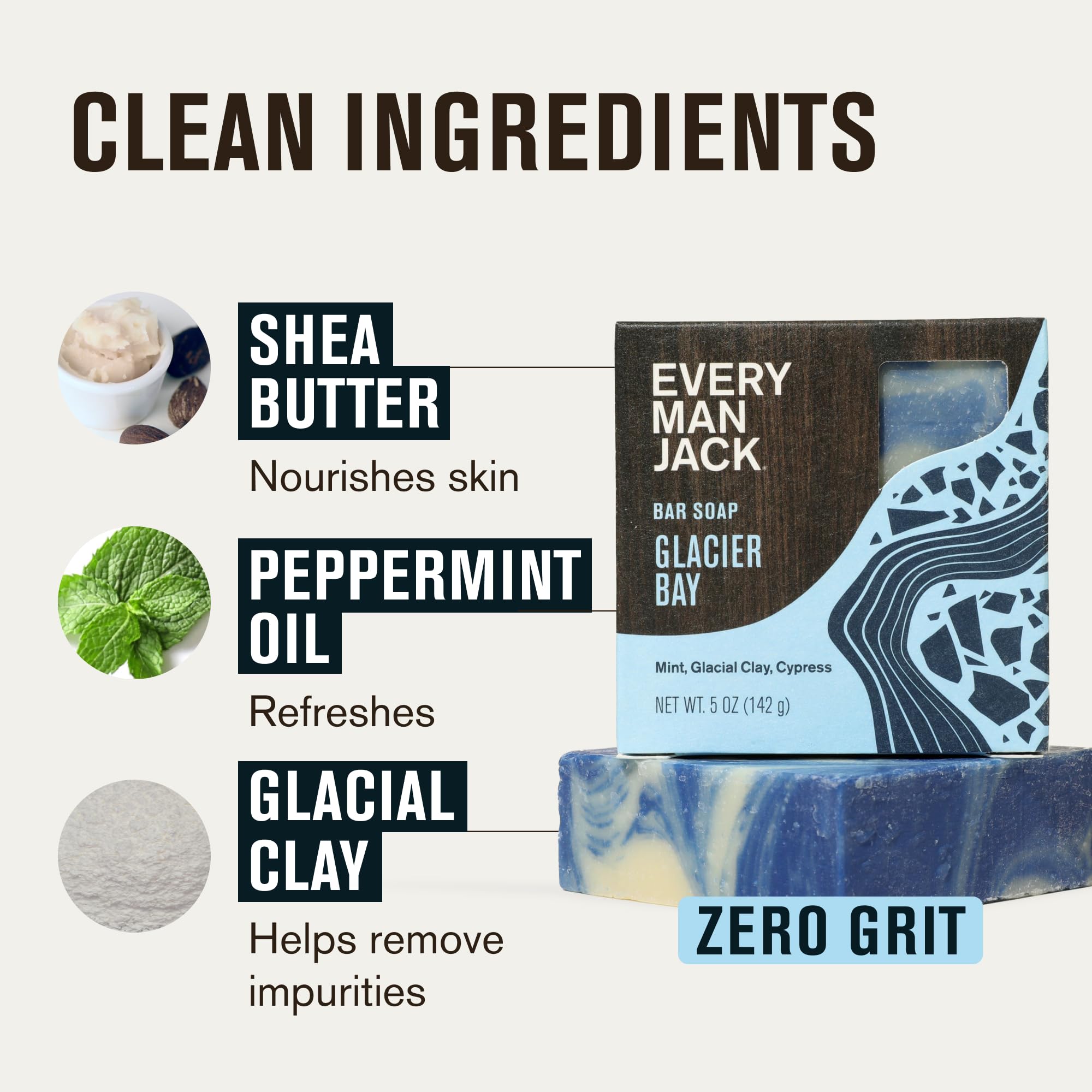 Every Man Jack label close-up showing Glacier Bay scent and B Corp mark