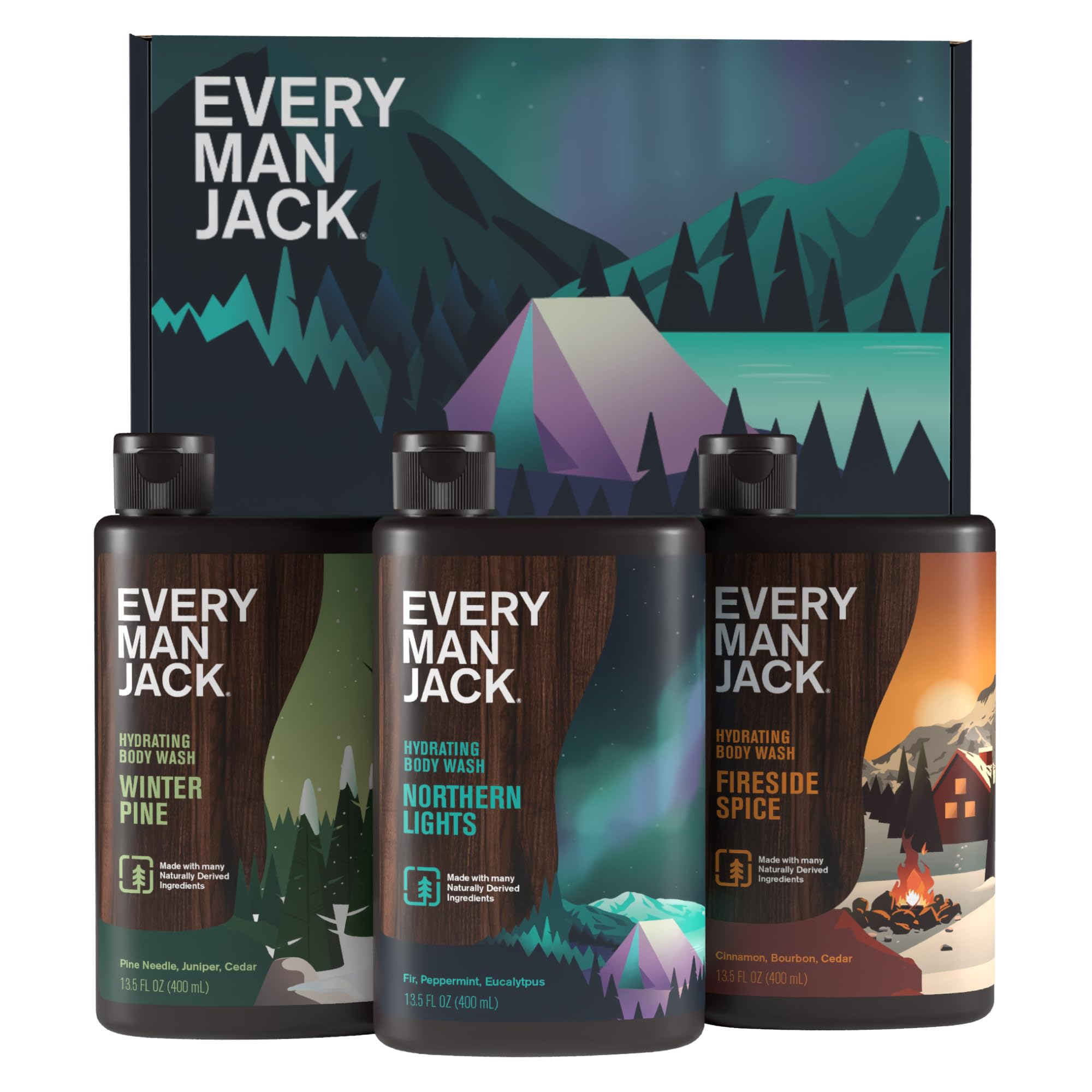 Every Man Jack front packaging showing three winter scent bottles and gift appeal