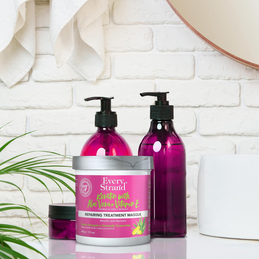 Every Strand ingredient label detail highlighting keratin protein benefits