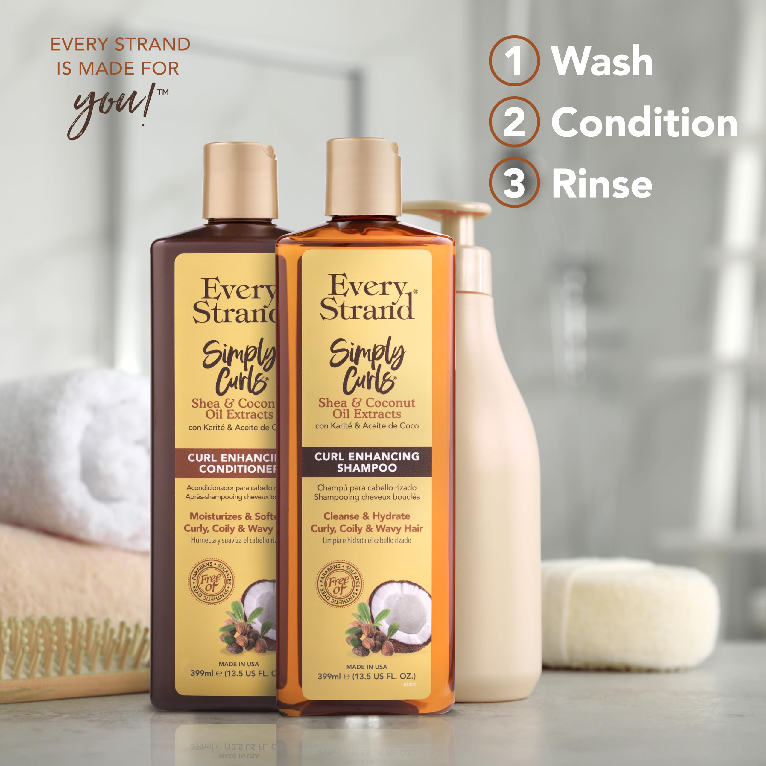 Every Strand duo styled on bathroom shelf conveying clean routine