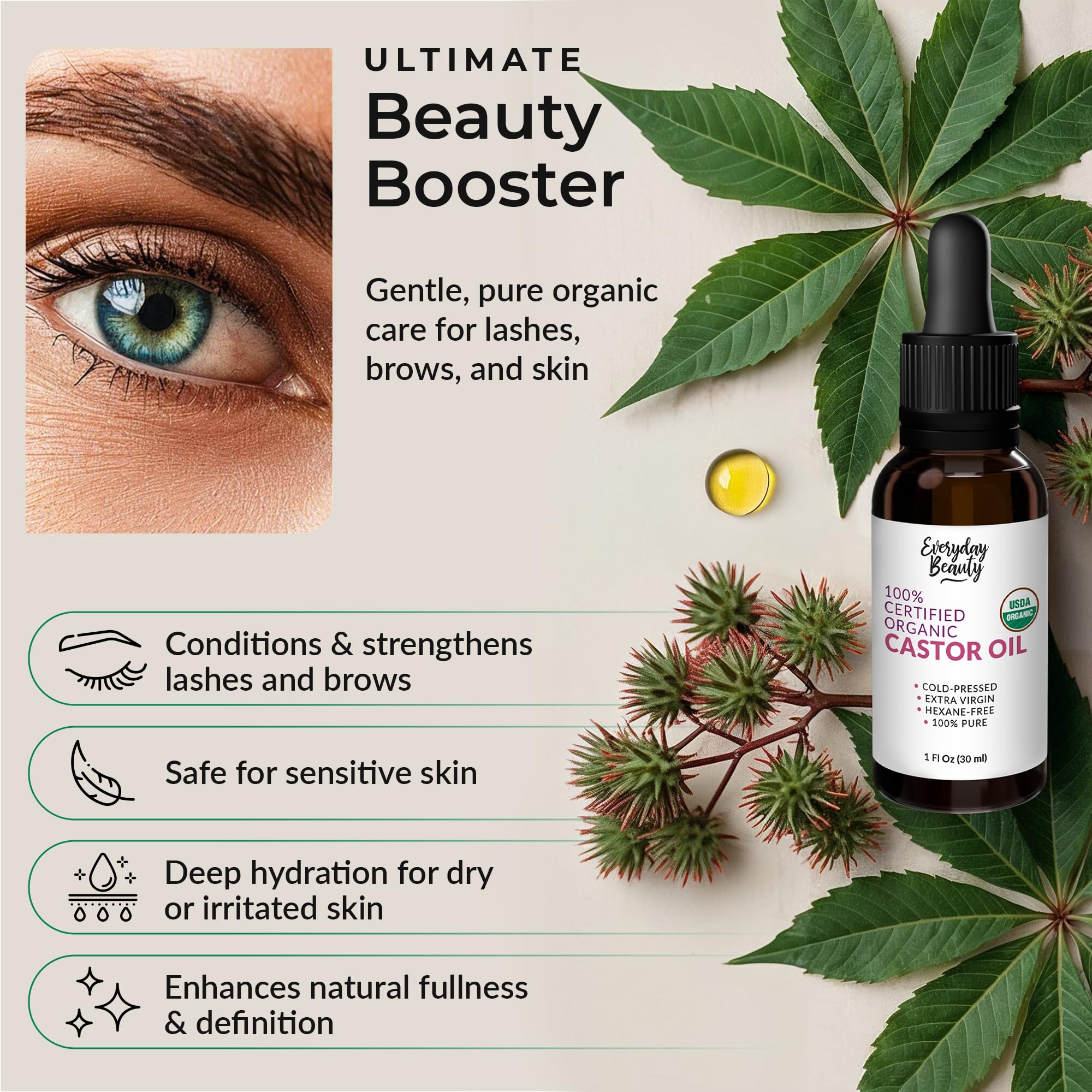 Everyday Beauty viscous castor oil texture close-up demonstrating rich hydration