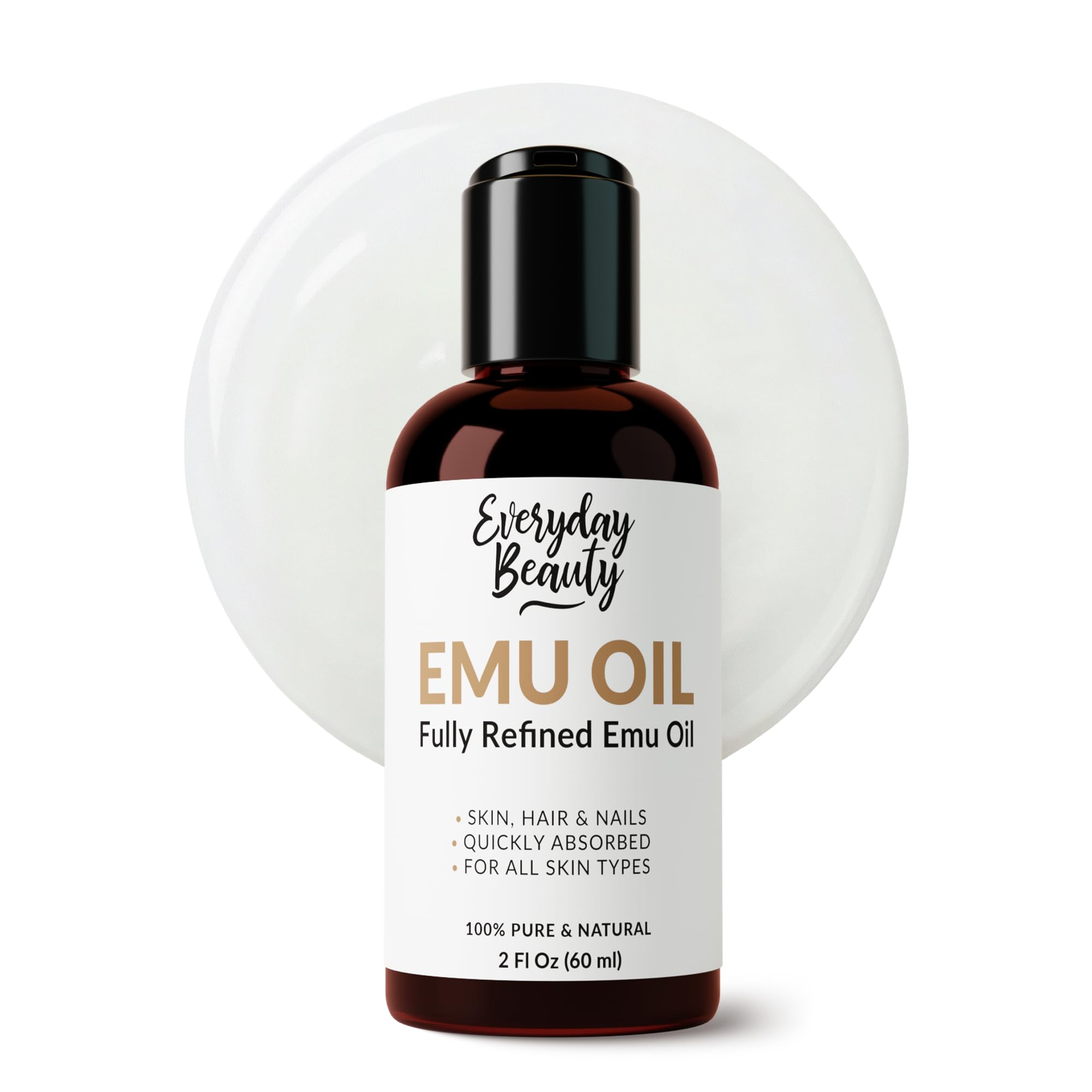 Everyday Beauty emu oil front label showing pure 6X refined bottle, clear and reassuring