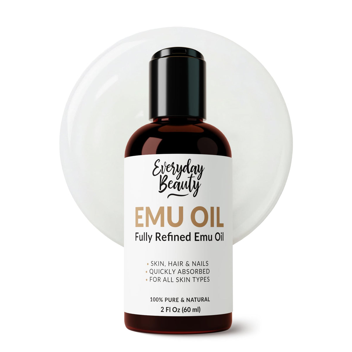 Everyday Beauty emu oil front label showing pure 6X refined bottle, clear and reassuring