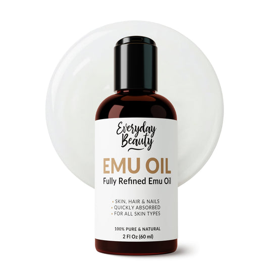 Everyday Beauty emu oil front label showing pure 6X refined bottle, clear and reassuring