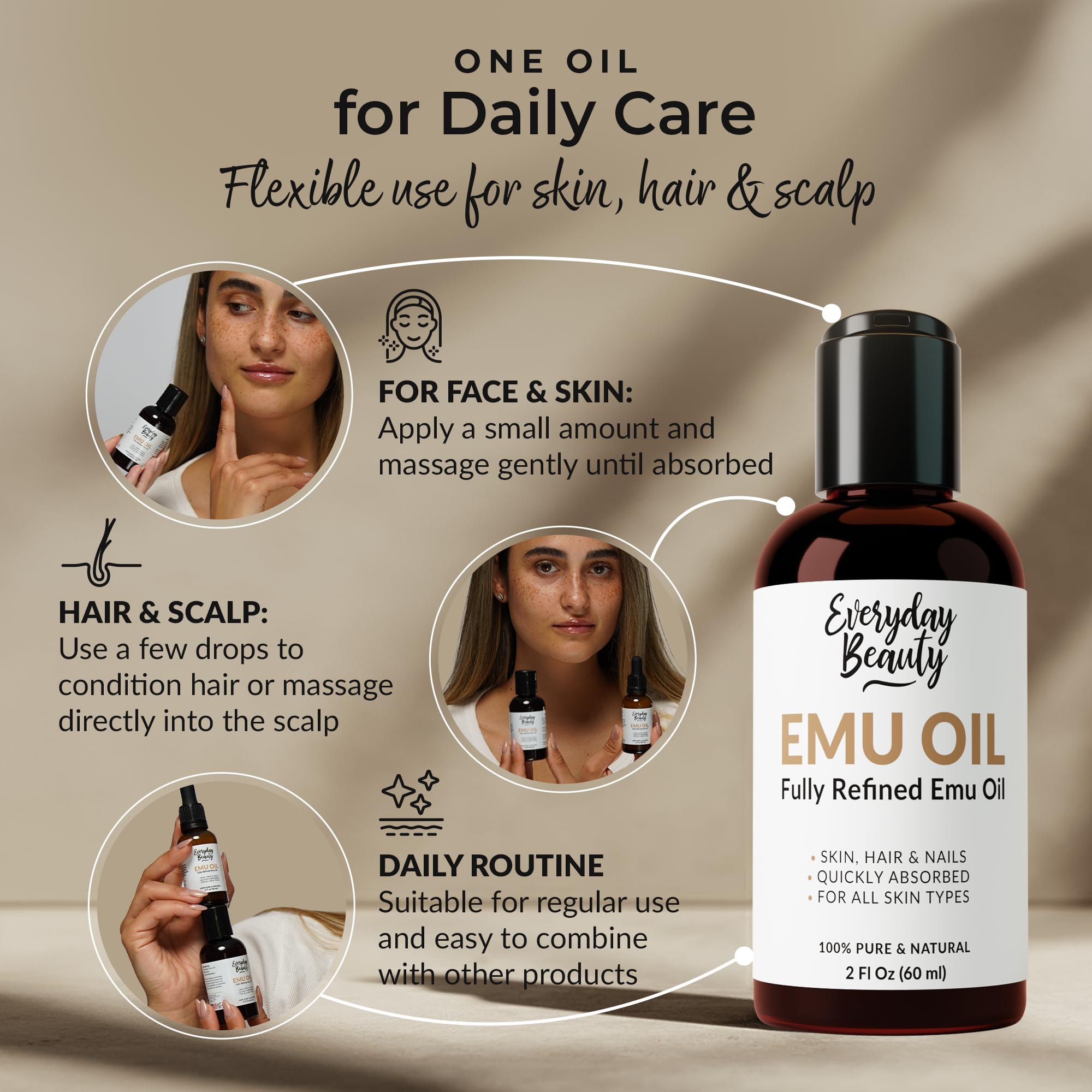 Everyday Beauty emu oil being massaged into scalp to soothe dryness and flakiness