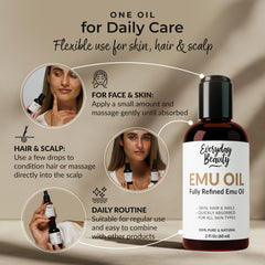 Everyday Beauty emu oil being massaged into scalp to soothe dryness and flakiness