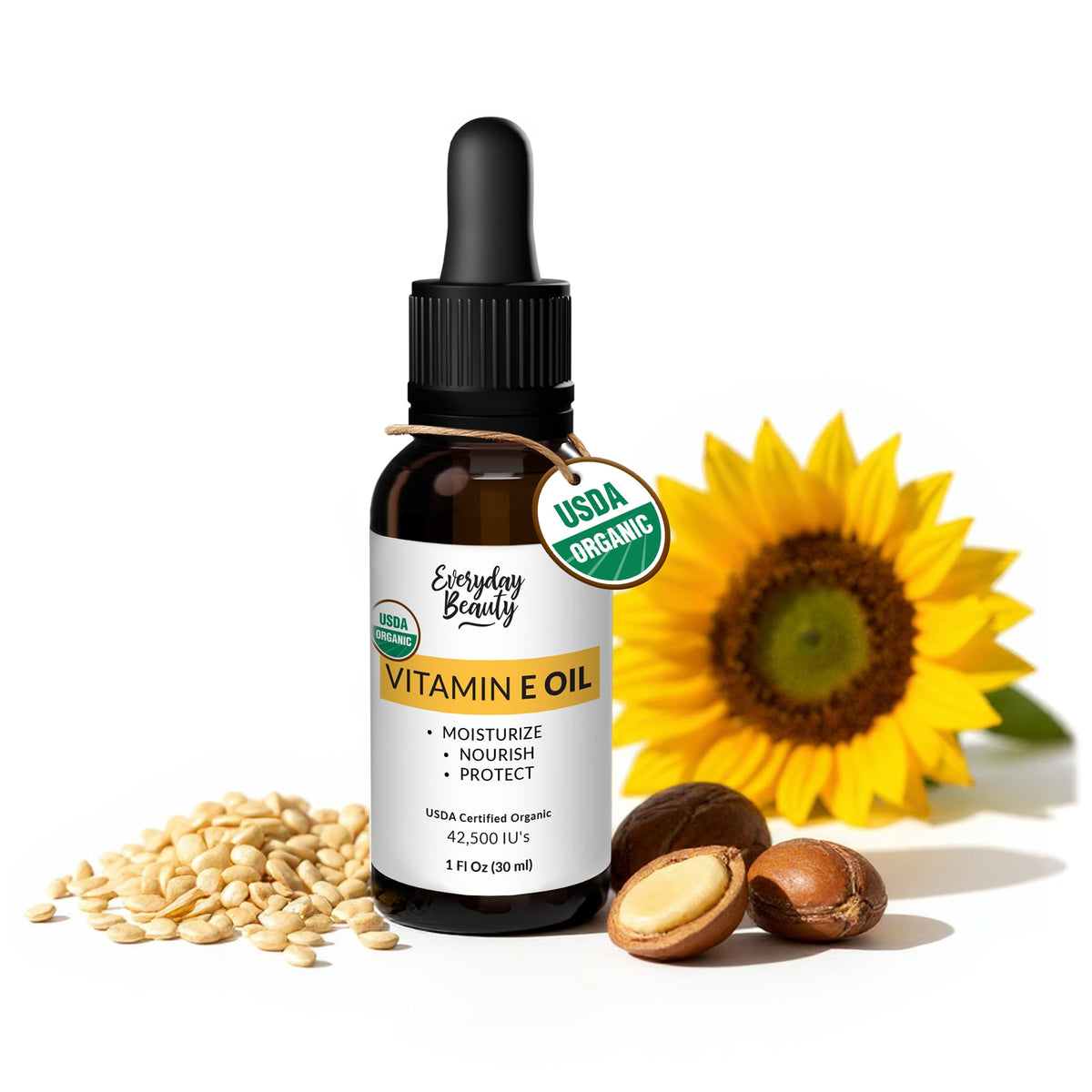 Everyday Beauty front packaging in amber bottle showing clean organic label and protection