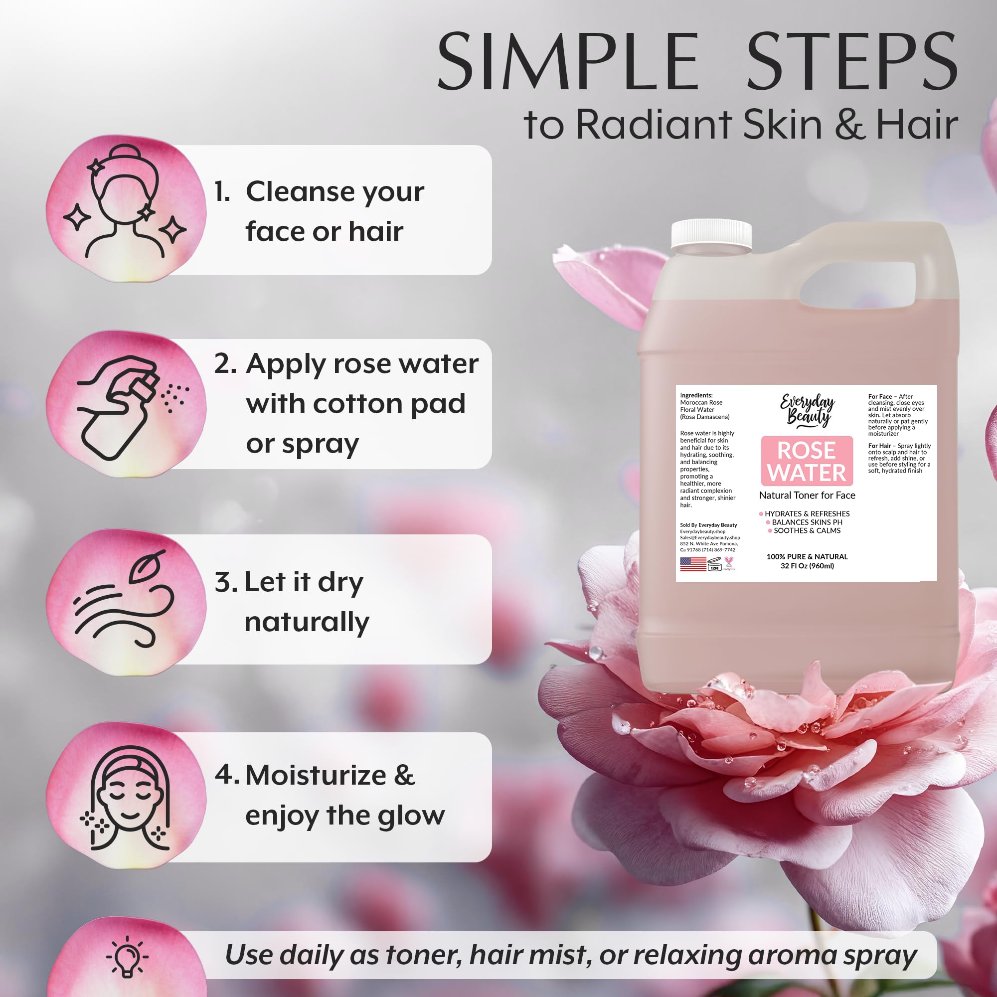 Everyday Beauty label ingredient list visible, showing alcohol-free vegan formula