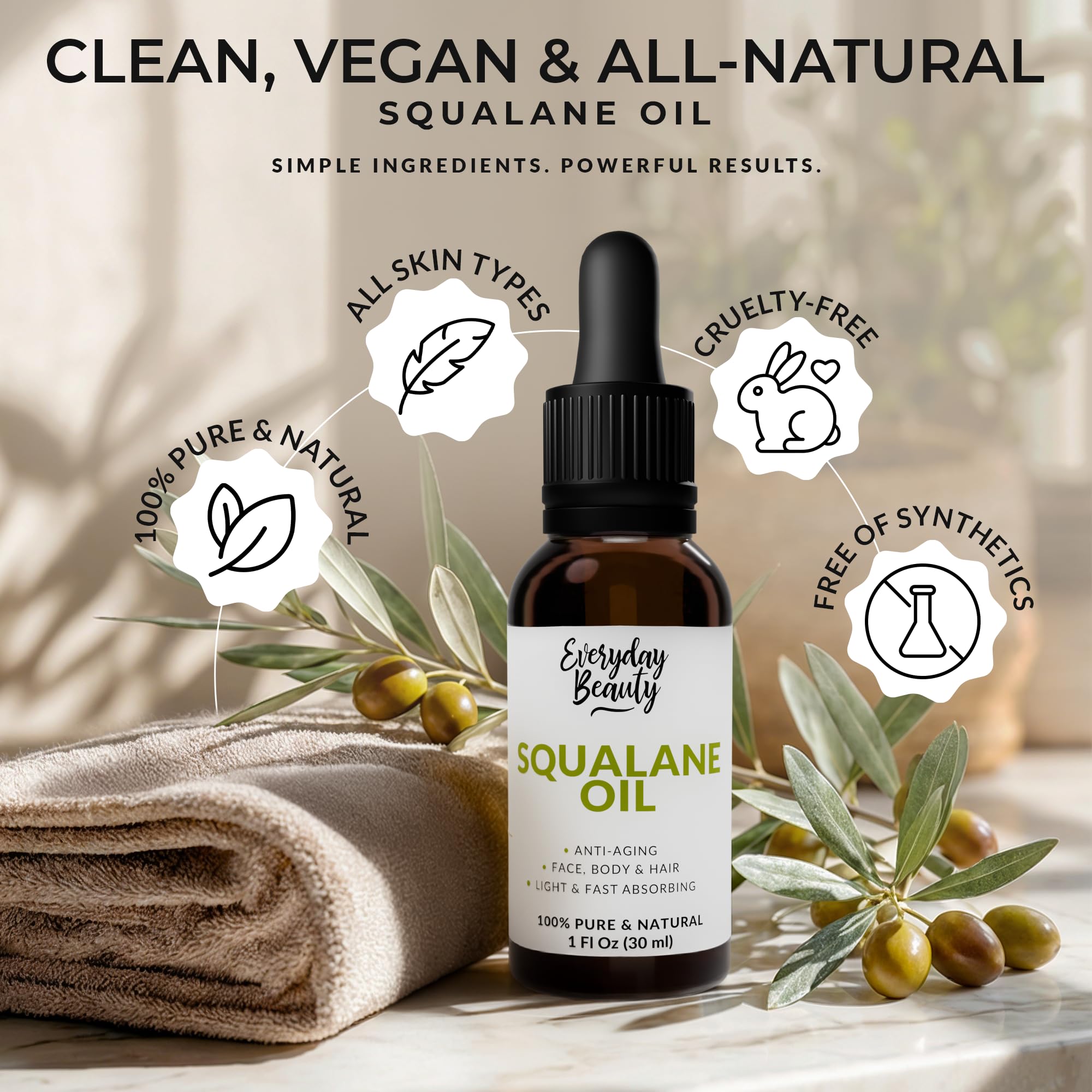 Everyday Beauty squalane on bathroom vanity illustrating daily routine convenience benefit