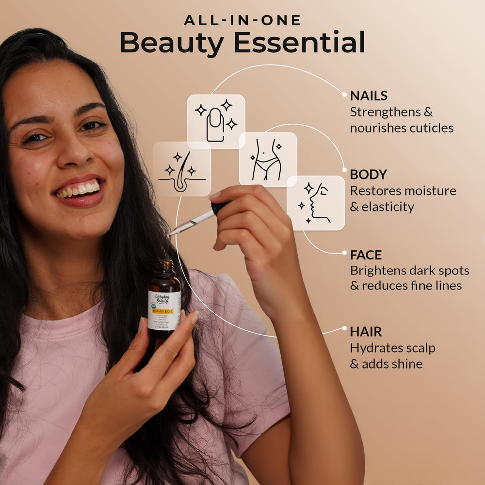 Everyday Beauty ingredient oils grouped to show organic seeds and nutrient-rich benefits