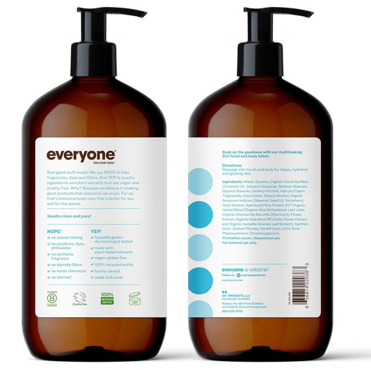 Everyone label closeup on 32oz recycled bottle highlighting clean ingredients