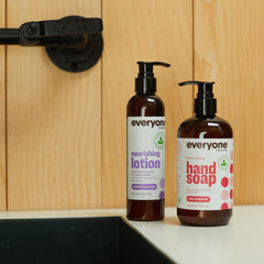 Everyone pump closeup illustrating easy dispensing and controlled lotion flow benefit