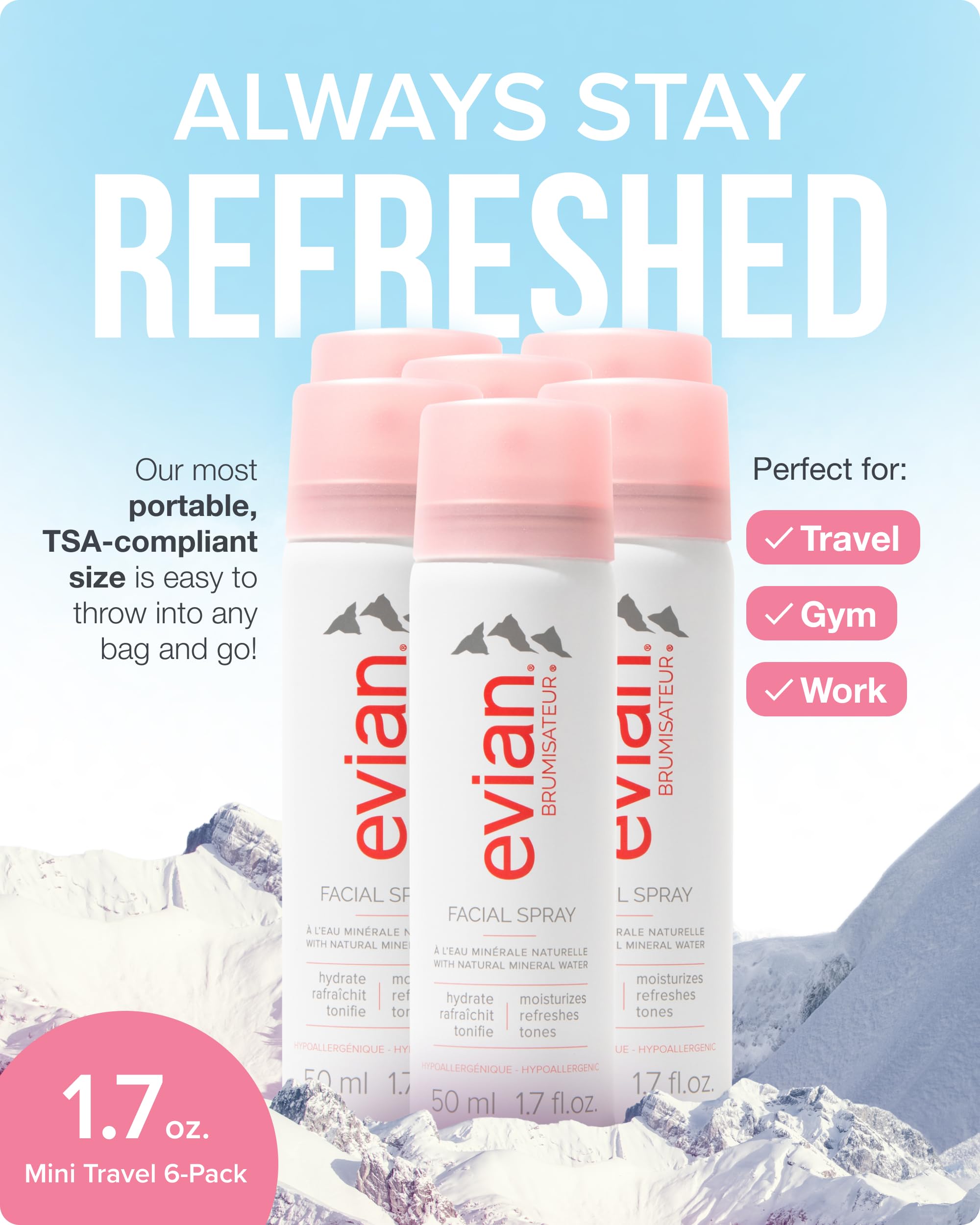 BRUMISATEUR Evian six-pack lined up for travel-ready hydration benefit