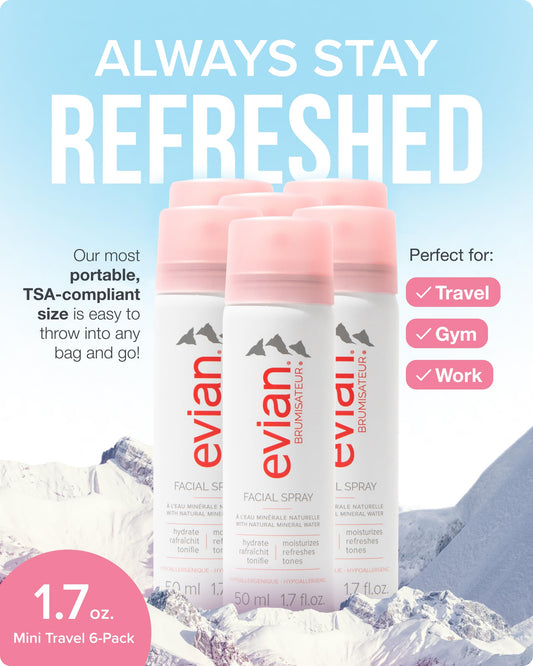 BRUMISATEUR Evian six-pack lined up for travel-ready hydration benefit