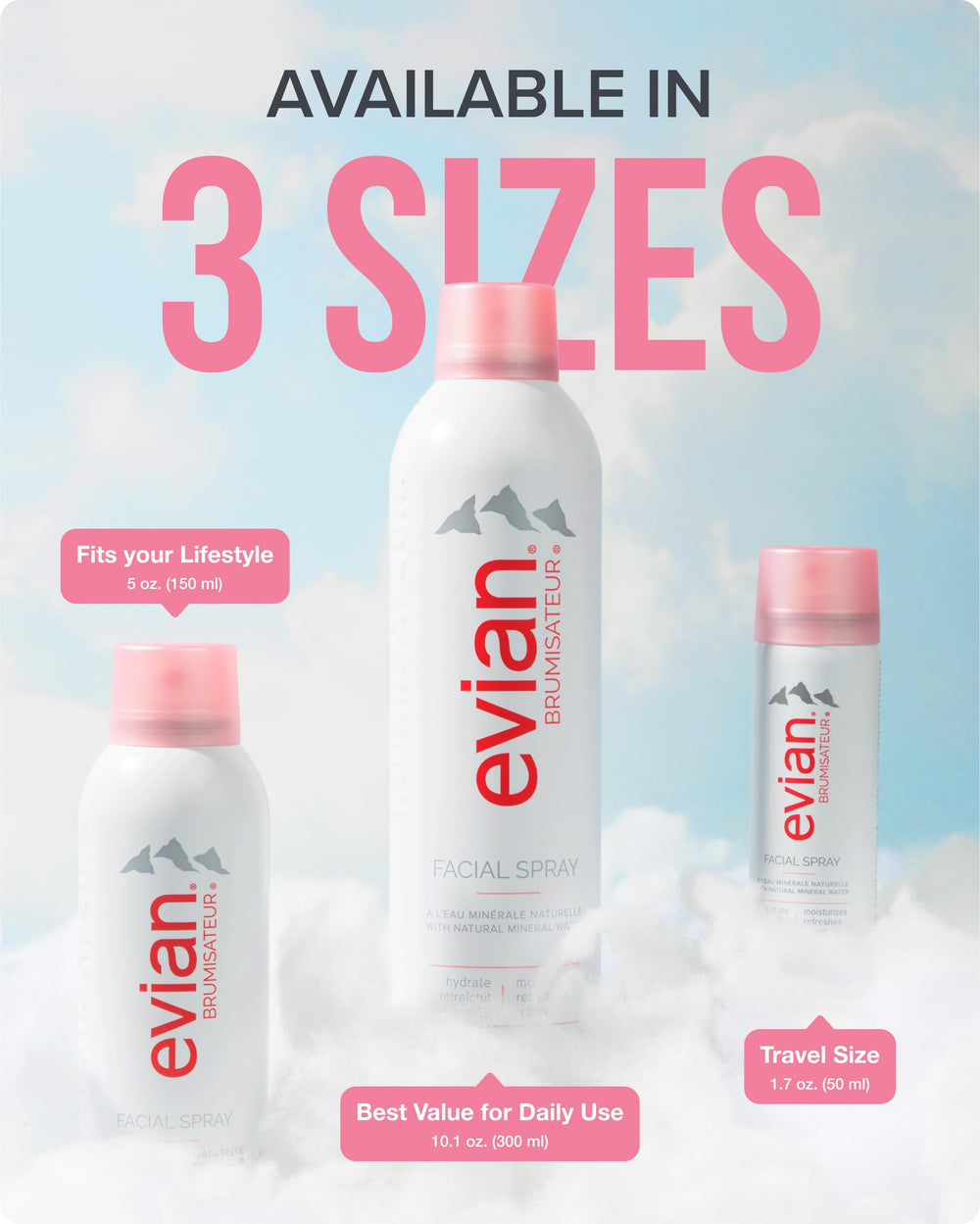 BRUMISATEUR Evian label close-up showing ingredients and simple formulation benefit