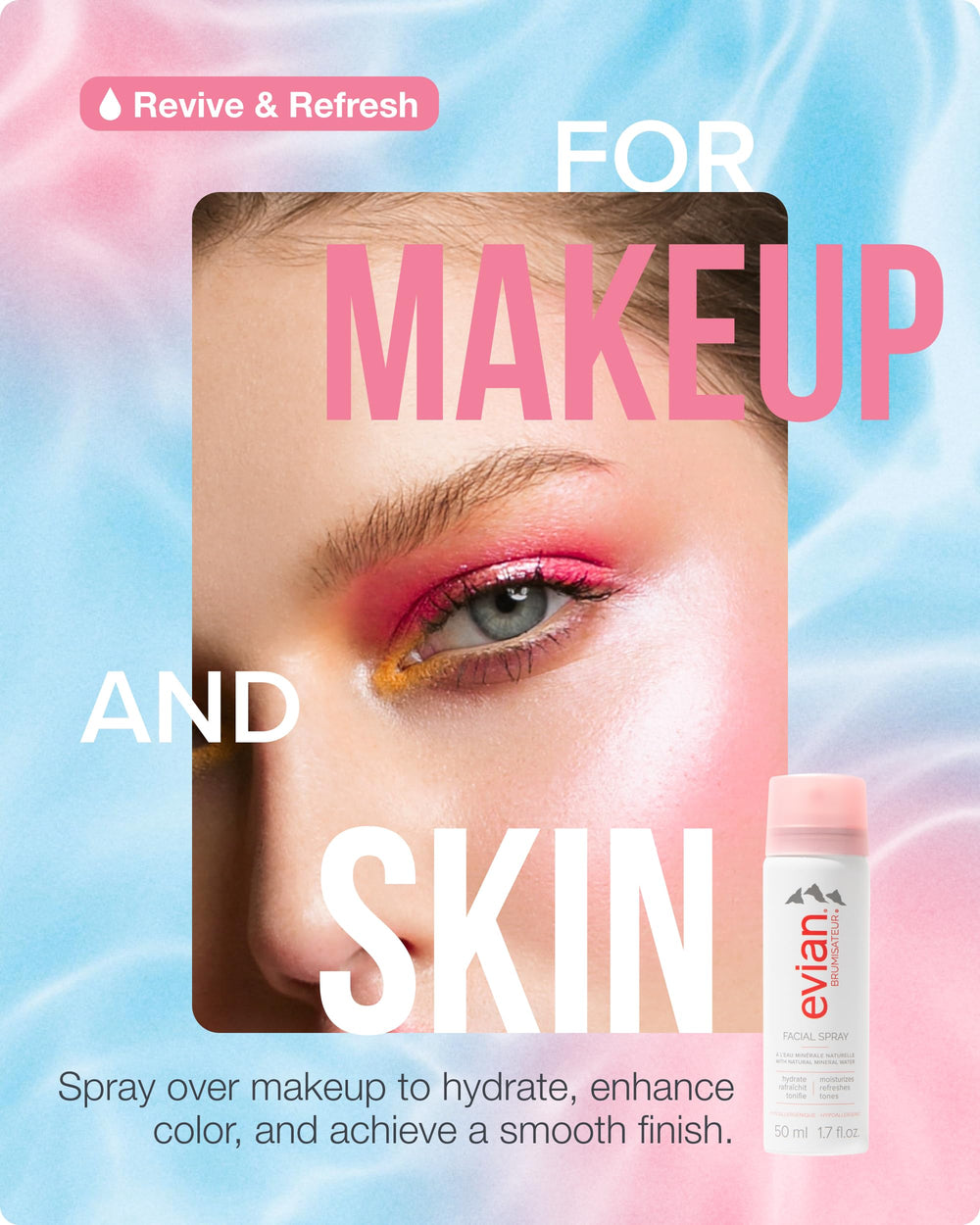 BRUMISATEUR Evian spray applied to face demonstrating quick refresh benefit