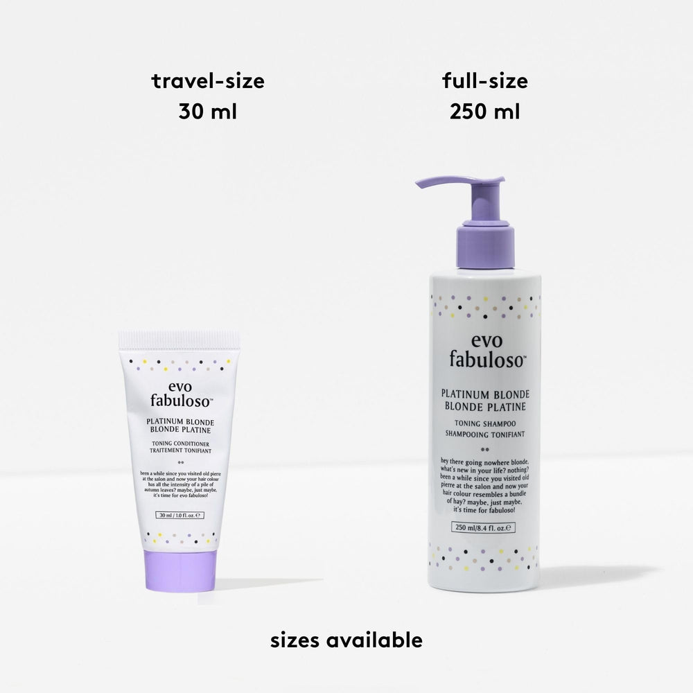 EVO bottle beside model with cool blonde hair illustrating refreshed tone