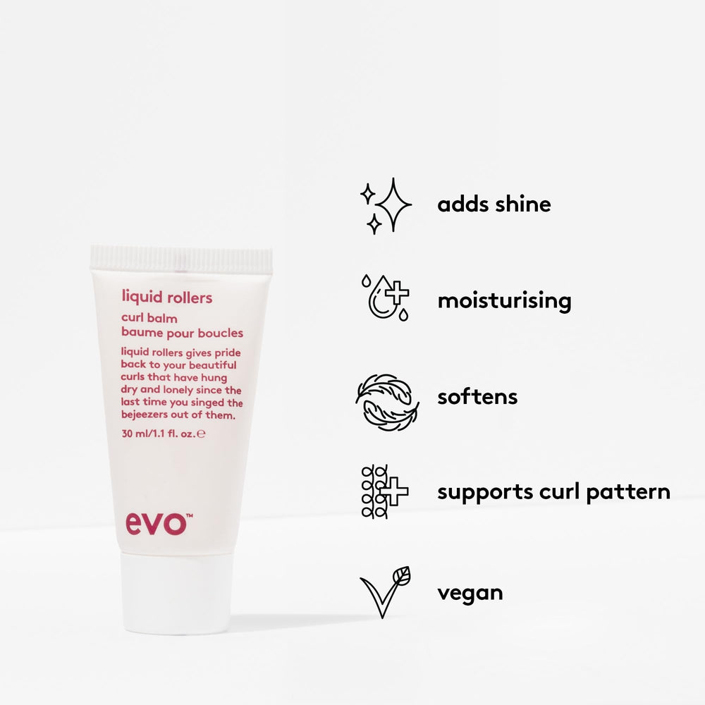 EVO applying balm to damp curls, enhances definition and reduces frizz