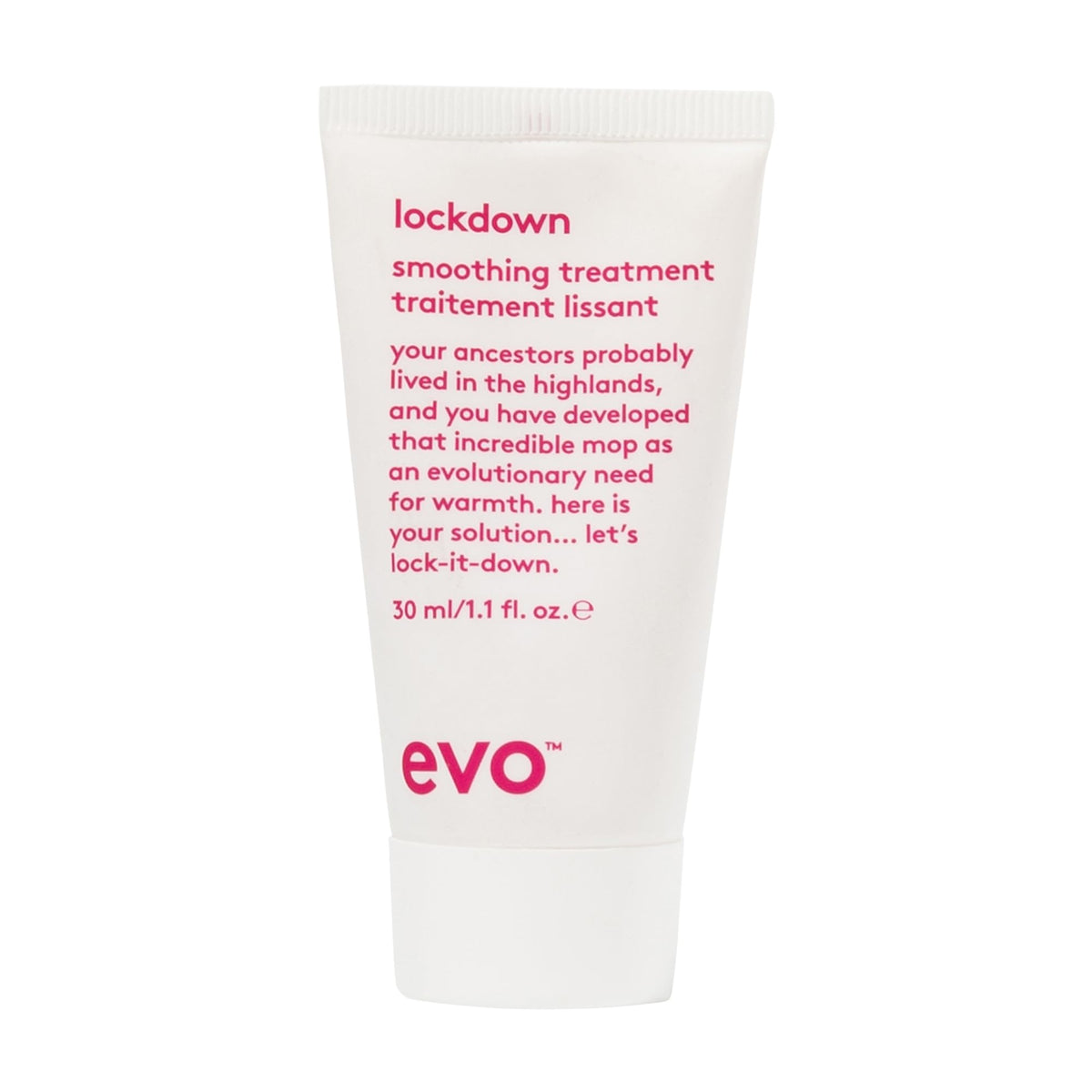 EVO front bottle showing compact 1 fl oz travel smoothing treatment and benefits