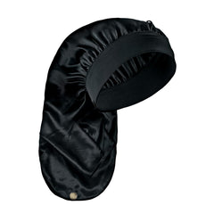 Evolve braid bonnet front view in black showing fit and coverage for protected hair
