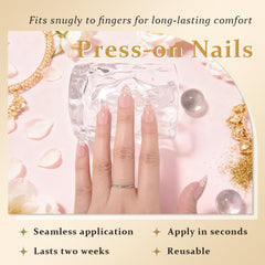 evpct application in hand press-on demo showing quick, salon-style results at home