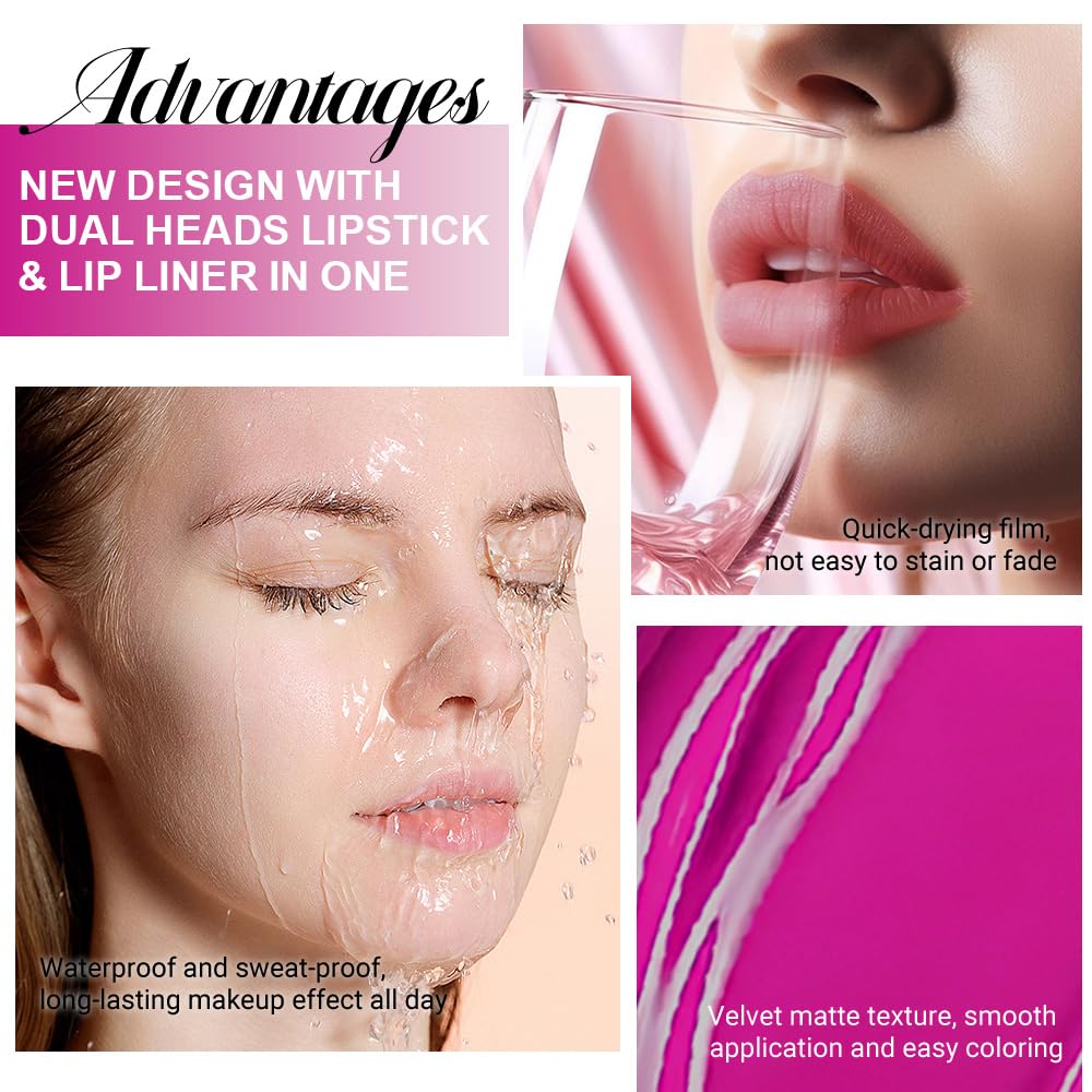 evpct model wearing hot pink matte set showing longwear, photo-ready benefit