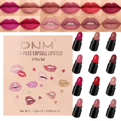 evpct front packaging showing 12 mini lipsticks and clear carrying case, portable convenience
