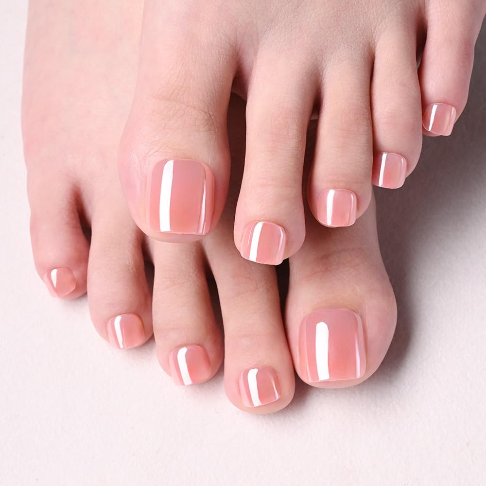 evpct front packaging showing coral glazed square toenails and quick application benefit