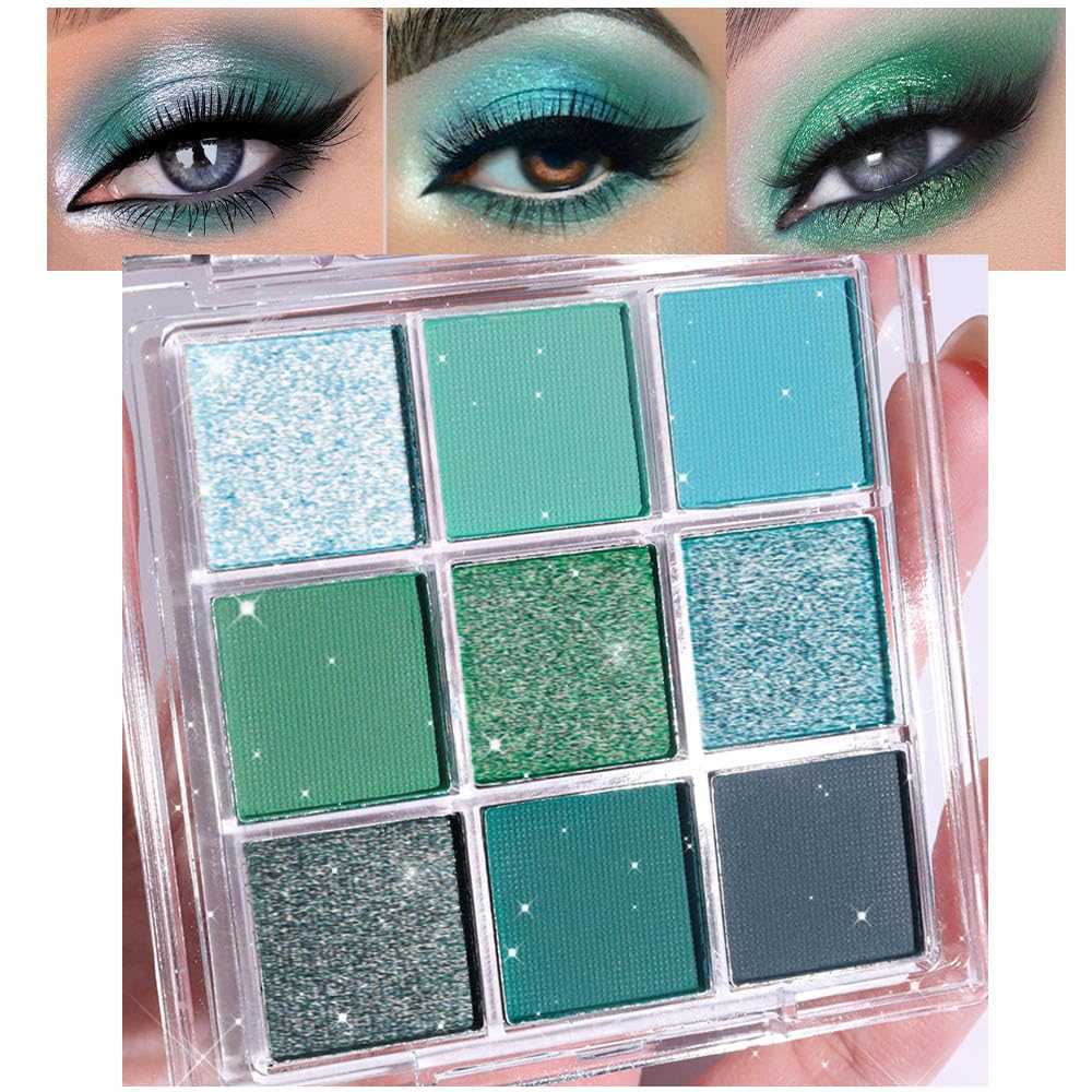 evpct front packaging view showing nine green shades and mirror, easy travel palette