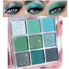 evpct front packaging view showing nine green shades and mirror, easy travel palette