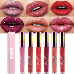 evpct front packaging showing six glitter liquid lipsticks, perfect gift presentation