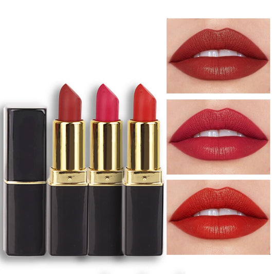 evpct front packaging showing three red matte lipsticks and gift-ready box benefit clear gifting