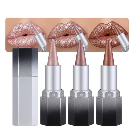 evpct trio front packaging showing three metallic lip crayons and benefits