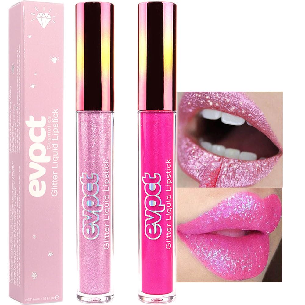 evpct front packaging showing two glitter liquid lipsticks and benefits