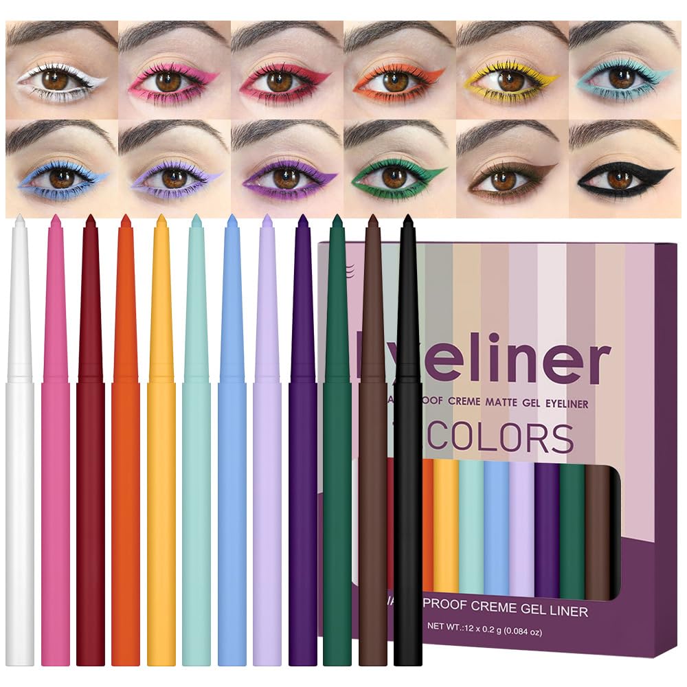 evpct front packaging showing all twelve matte eyeliner colors and benefits