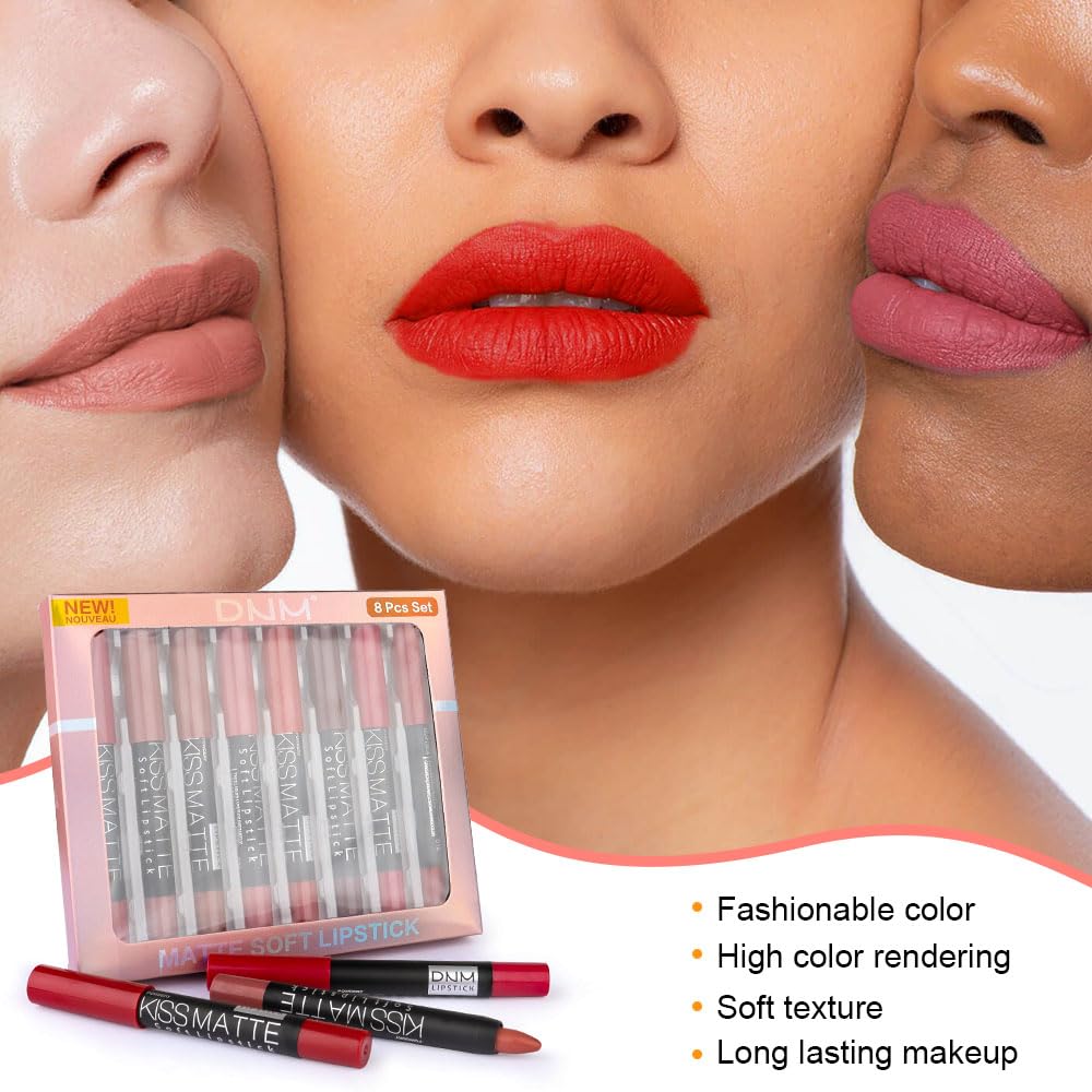 evpct shades on model lips demonstrating wearable colors from nude to deep red