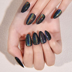 evpct top view of short almond nails showing shape and salon-quality glossy finish