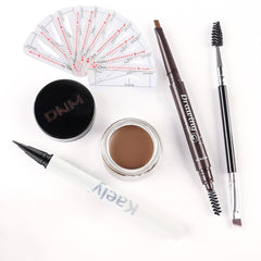 evpct kit components flat lay showing pencil, pomade, eyeliner and stencils for travel
