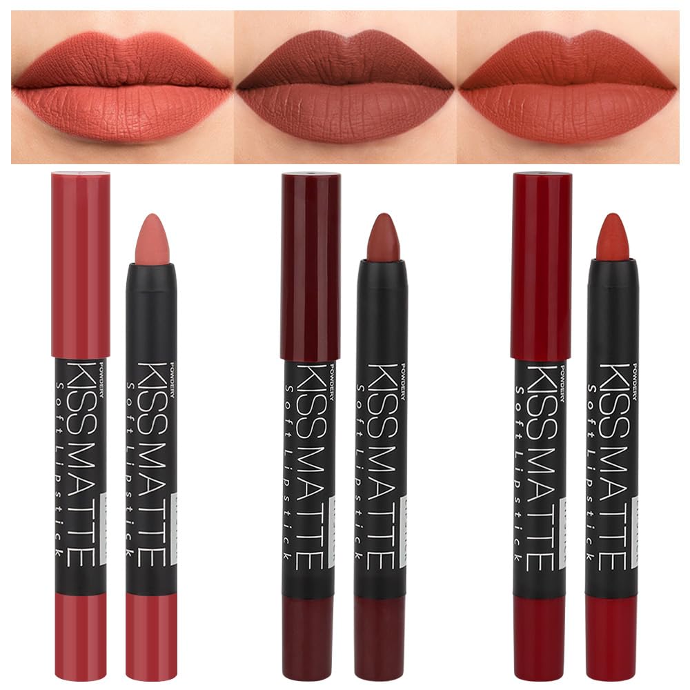 evpct trio front packaging showing three dark red lip crayons and box for easy gifting