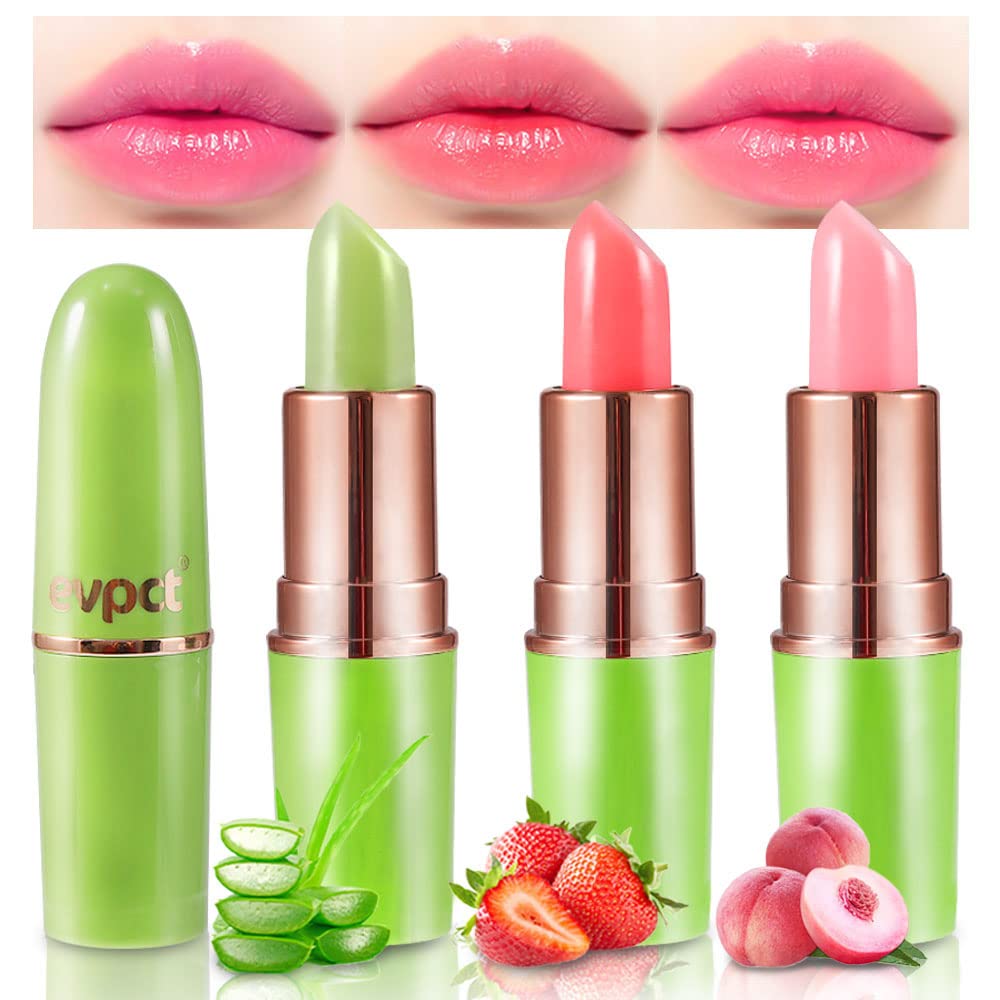 evpct trio pack front showing three color changing lipsticks and clear branding benefit travel ready