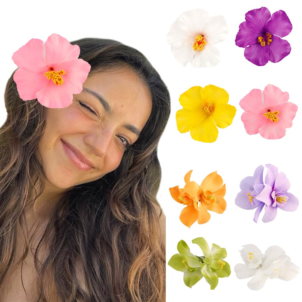 Exacoo front view of eight colorful Hawaiian flower clips, perfect for summer style