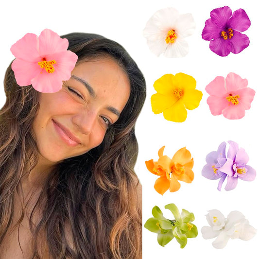 Exacoo front view of eight colorful Hawaiian flower clips, perfect for summer style